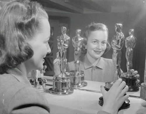 Portrait of Actress Olivia De Haviland her Two Oscars 1957